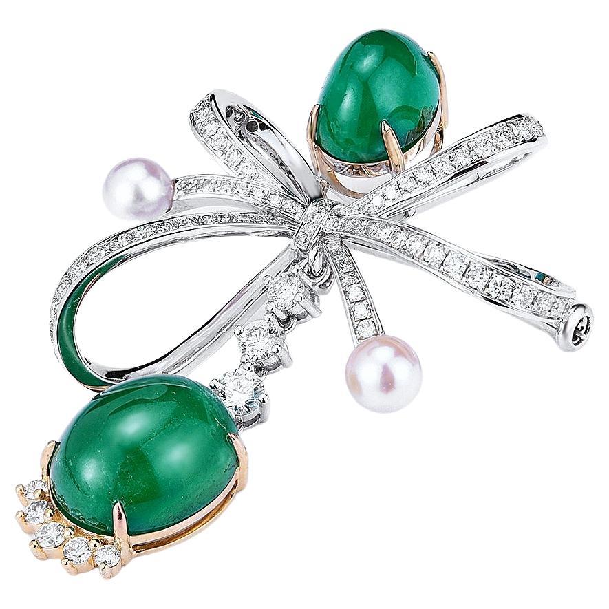Eostre Multi Style Green Emerald and Diamond 18k White Gold Brooch Pendant For Sale