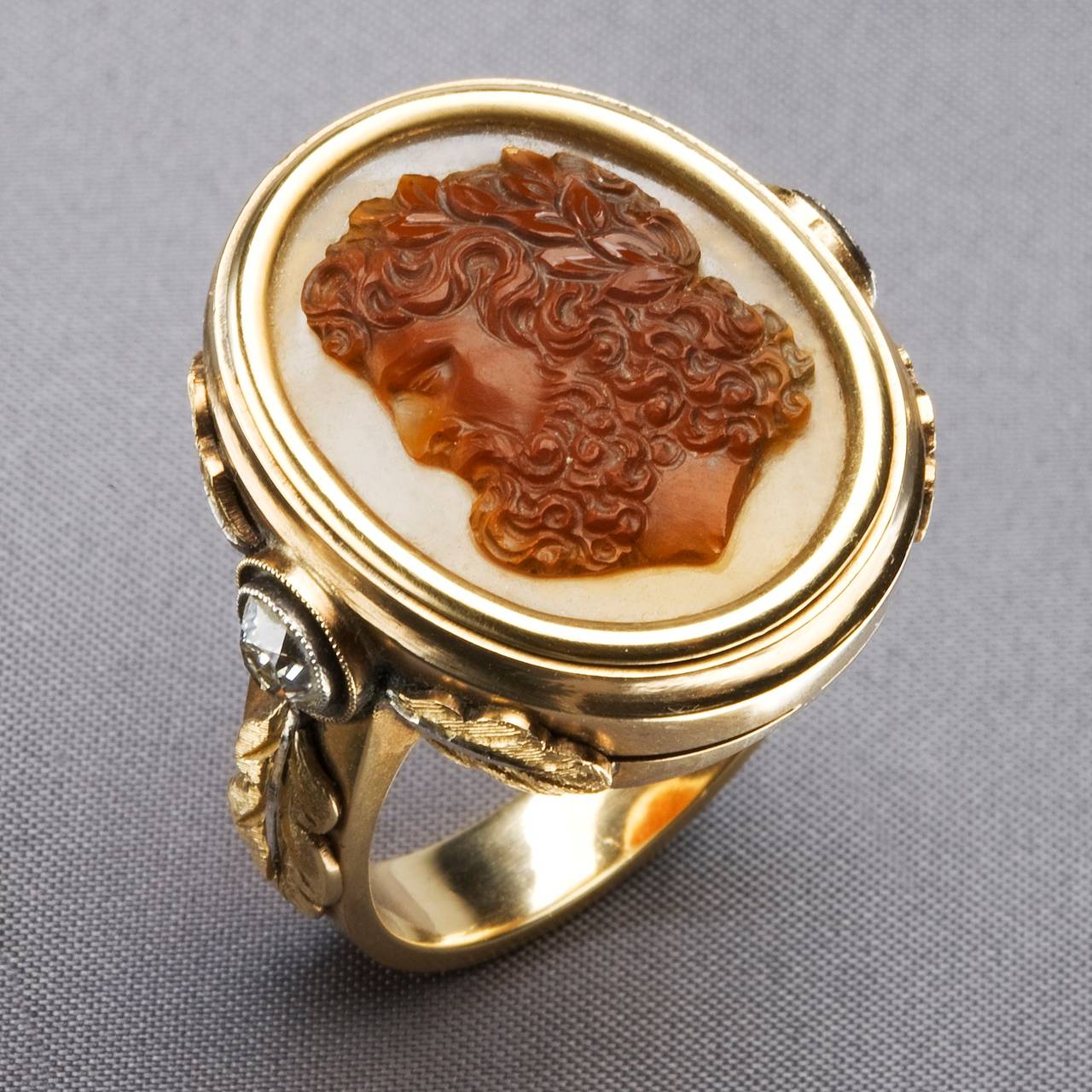 Women's or Men's Large Gold Diamond and Carved Cameo Ring, circa 1870 For Sale