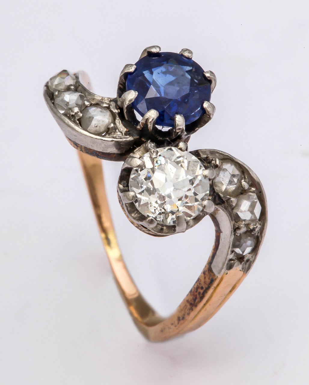 Women's Antique 1890s French Sapphire Diamond Silver Gold Engagement Ring