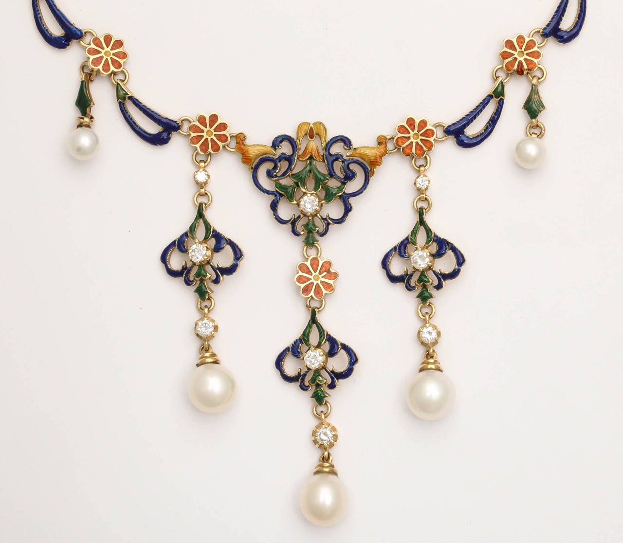 Byzantine French Enameled Pearl Diamond 18k Gold Garland Necklace, 20th century For Sale