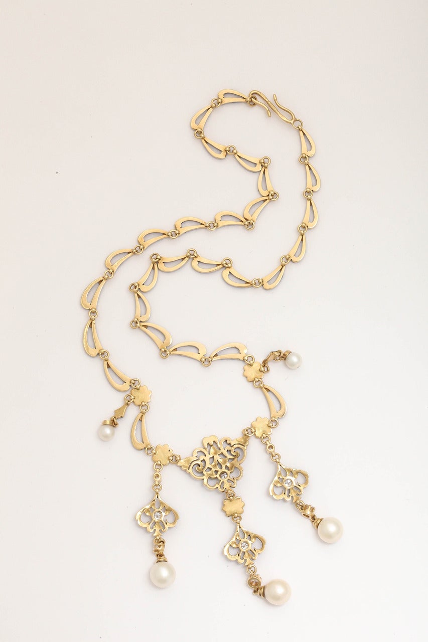 French Enameled Pearl Diamond Gold Byzantine Style Necklace For Sale at