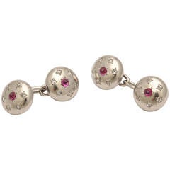 1920s French Art Deco Ruby Diamond Platinum Cufflinks, Paris