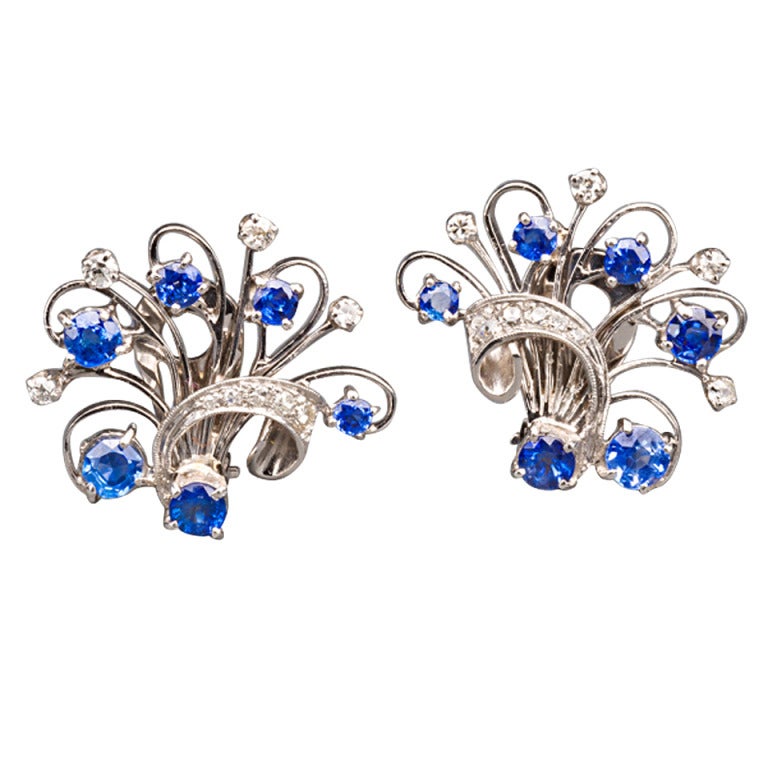 Sapphire Diamond Platinum Floral Spray Earrings