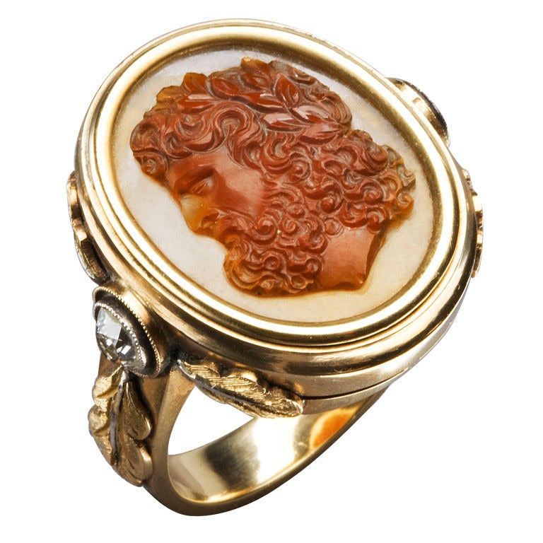 Large Gold Diamond and Carved Cameo Ring, circa 1870 For Sale