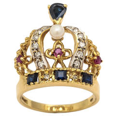Pearl Ruby Sapphire Diamond Gold Crown Ring 9