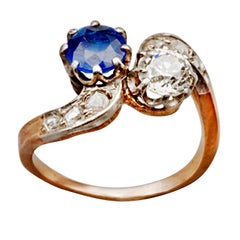 Antique 1890s French Sapphire Diamond Silver Gold Engagement Ring