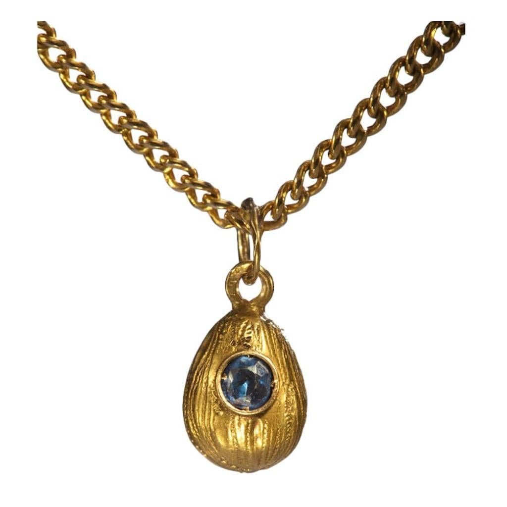 1900s Small Russian Sapphire Gold Easter Egg Pendant 2