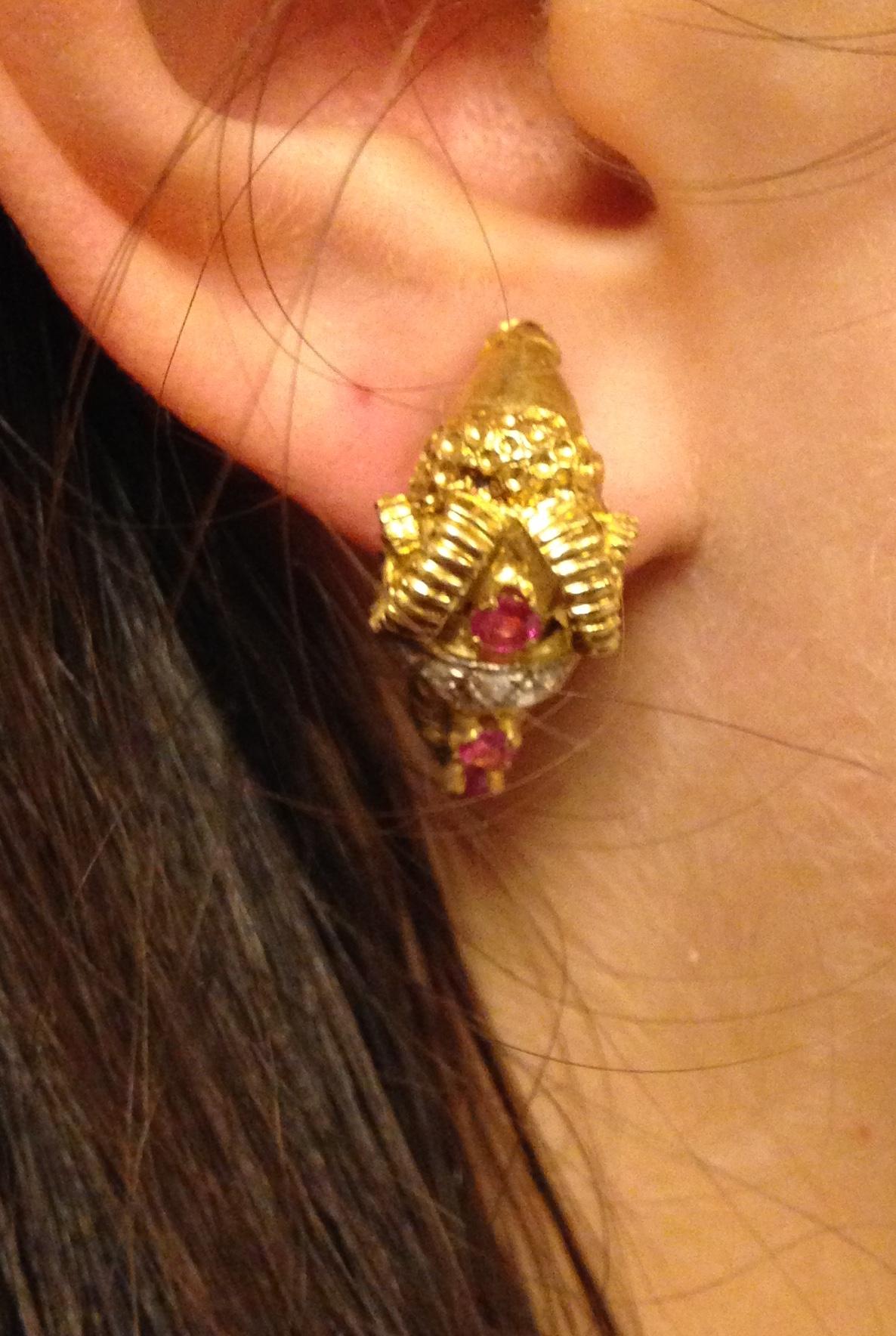 Greek Ruby Diamond Gold Ram's Head Earrings, 20th century 5