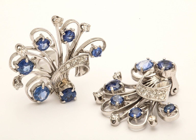 Sapphire Diamond Platinum Floral Spray Earrings In Excellent Condition In St. Catharines, ON
