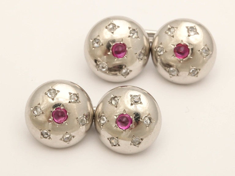 Cabochon 1920s French Art Deco Ruby Diamond Platinum Cufflinks, Paris For Sale