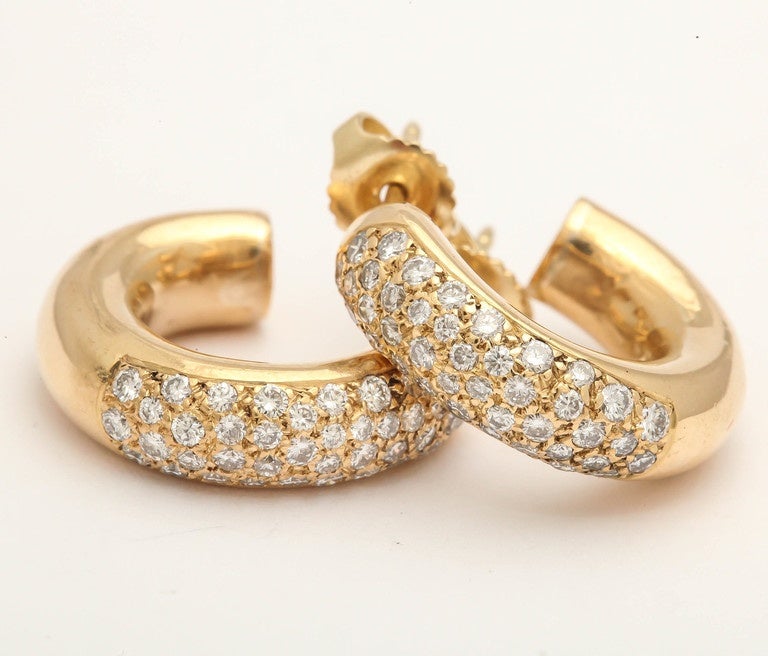 Women's 20th Century French Diamond 18k Gold Hoop Earrings, Paris For Sale