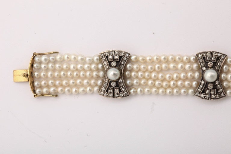 Neoclassical Five Strand Pearl Diamond 18k Gold Bracelet, 20th century For Sale