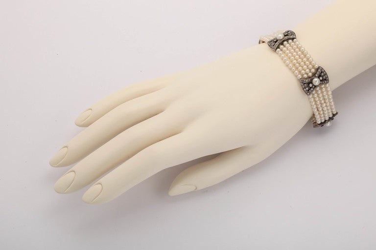 Women's Five Strand Pearl Diamond 18k Gold Bracelet, 20th century For Sale
