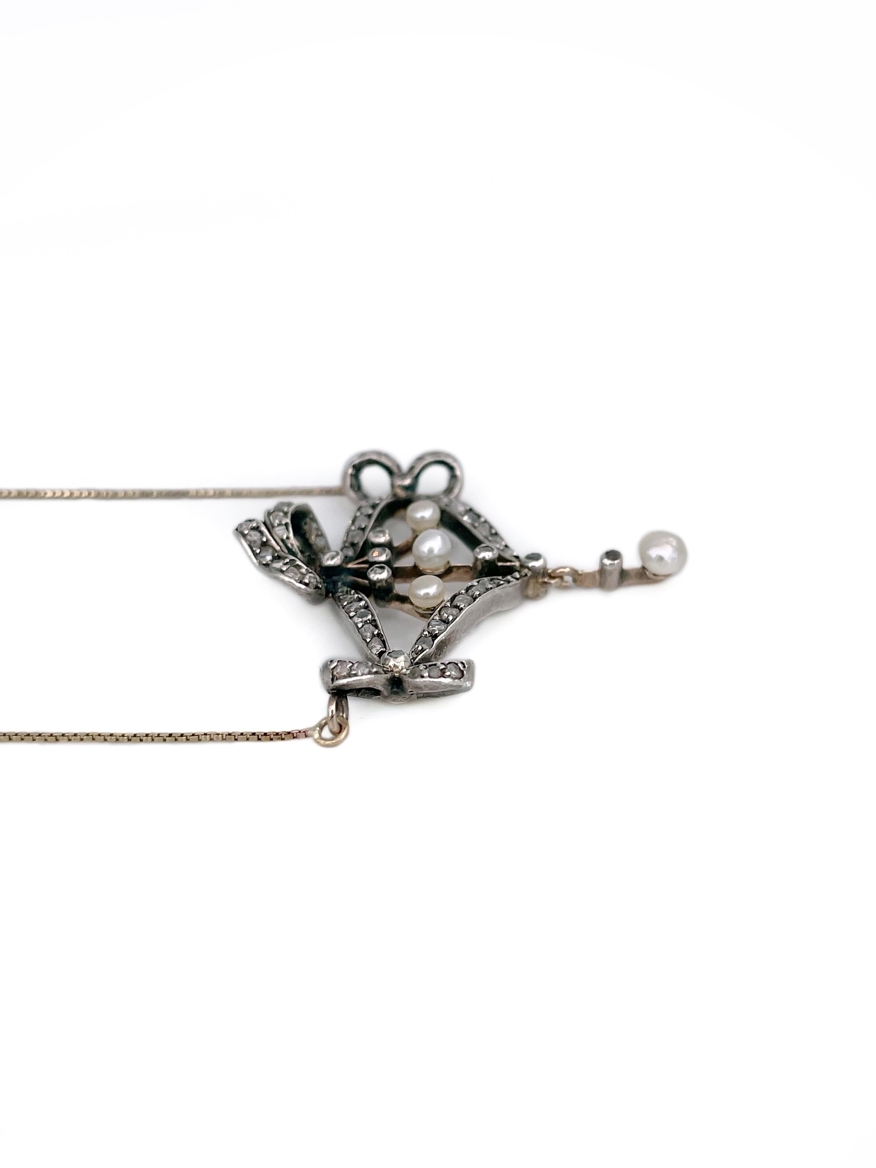 Edwardian 14 Karat Gold Perle Rosenschliff Diamant Bogen Anhänger Halskette im Zustand „Gut“ im Angebot in Vilnius, Vilniaus apskr.
