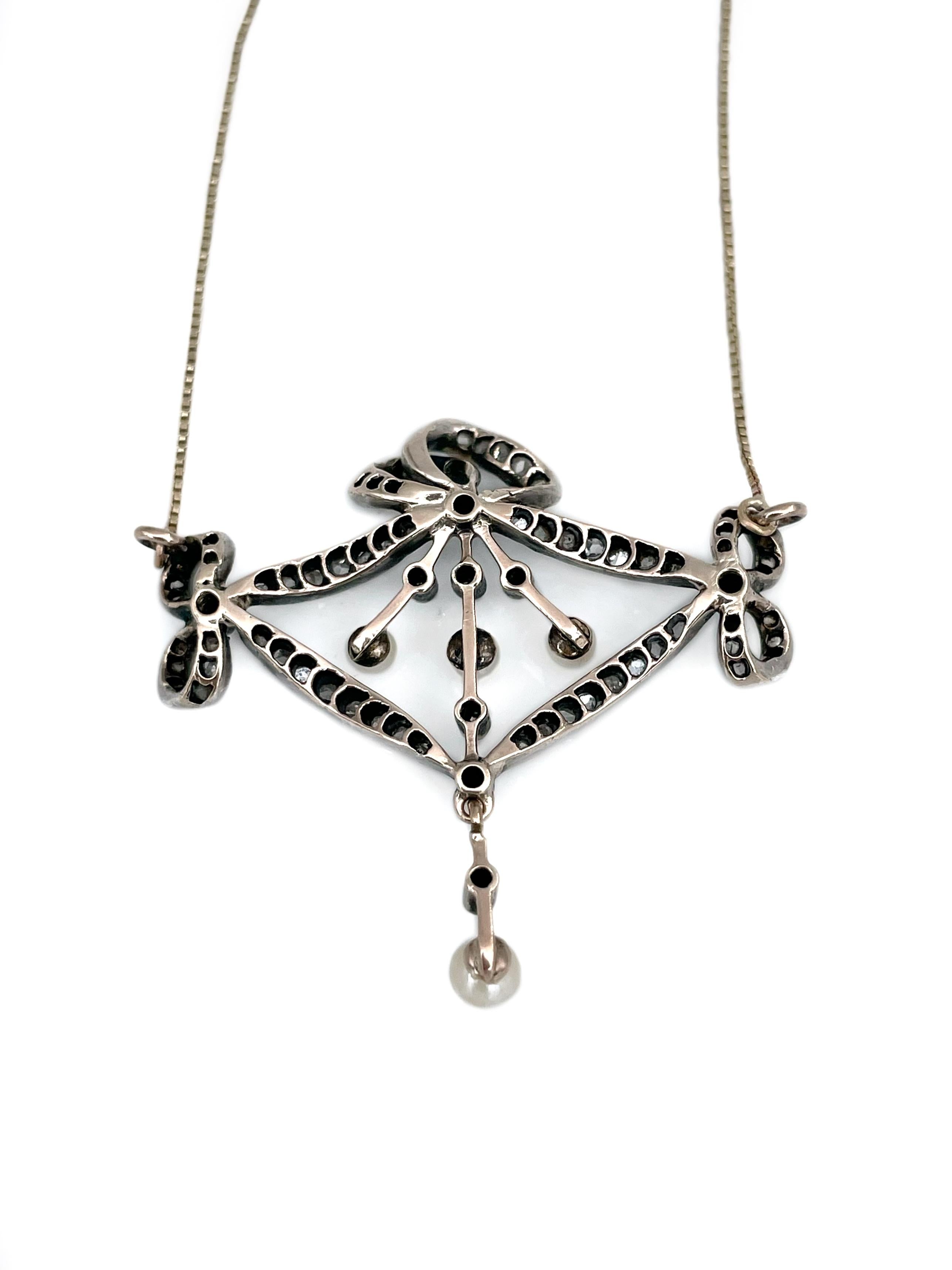 Edwardian 14 Karat Gold Perle Rosenschliff Diamant Bogen Anhänger Halskette Damen im Angebot