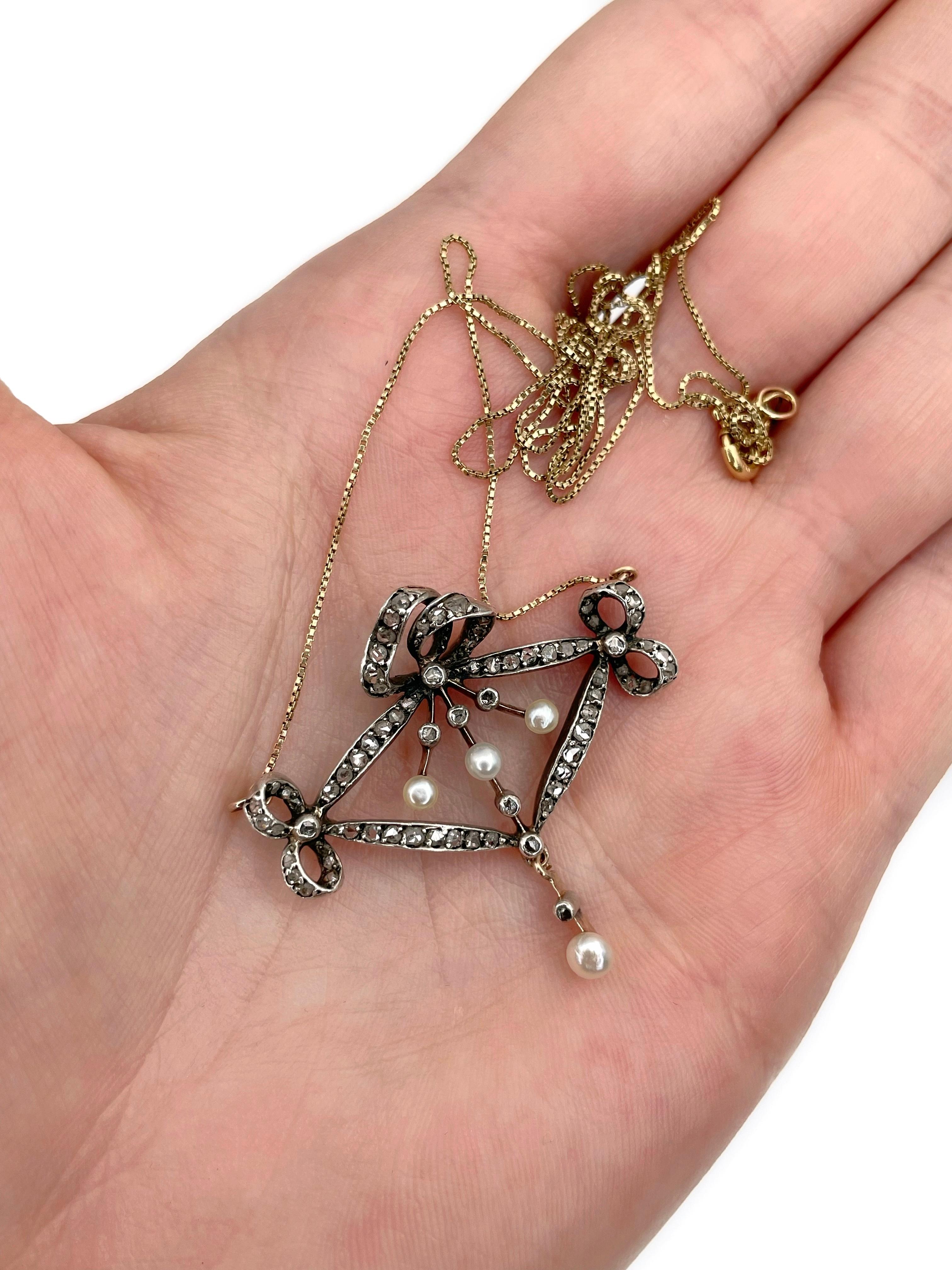 Edwardian 14 Karat Gold Perle Rosenschliff Diamant Bogen Anhänger Halskette (Gemischter Schliff) im Angebot