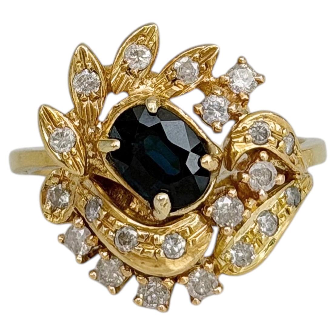 Anello da cocktail vintage in oro 18 carati con zaffiro da 1,10 carati e diamante da 0,38 carati