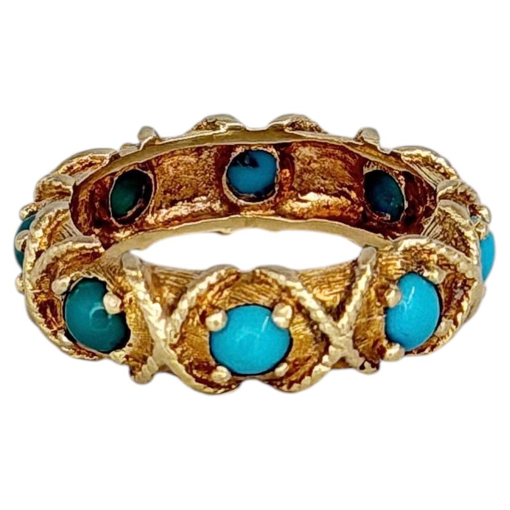 Vintage 18 Karat Gold Turquoise Eternity Ring, Size 5.5 For Sale