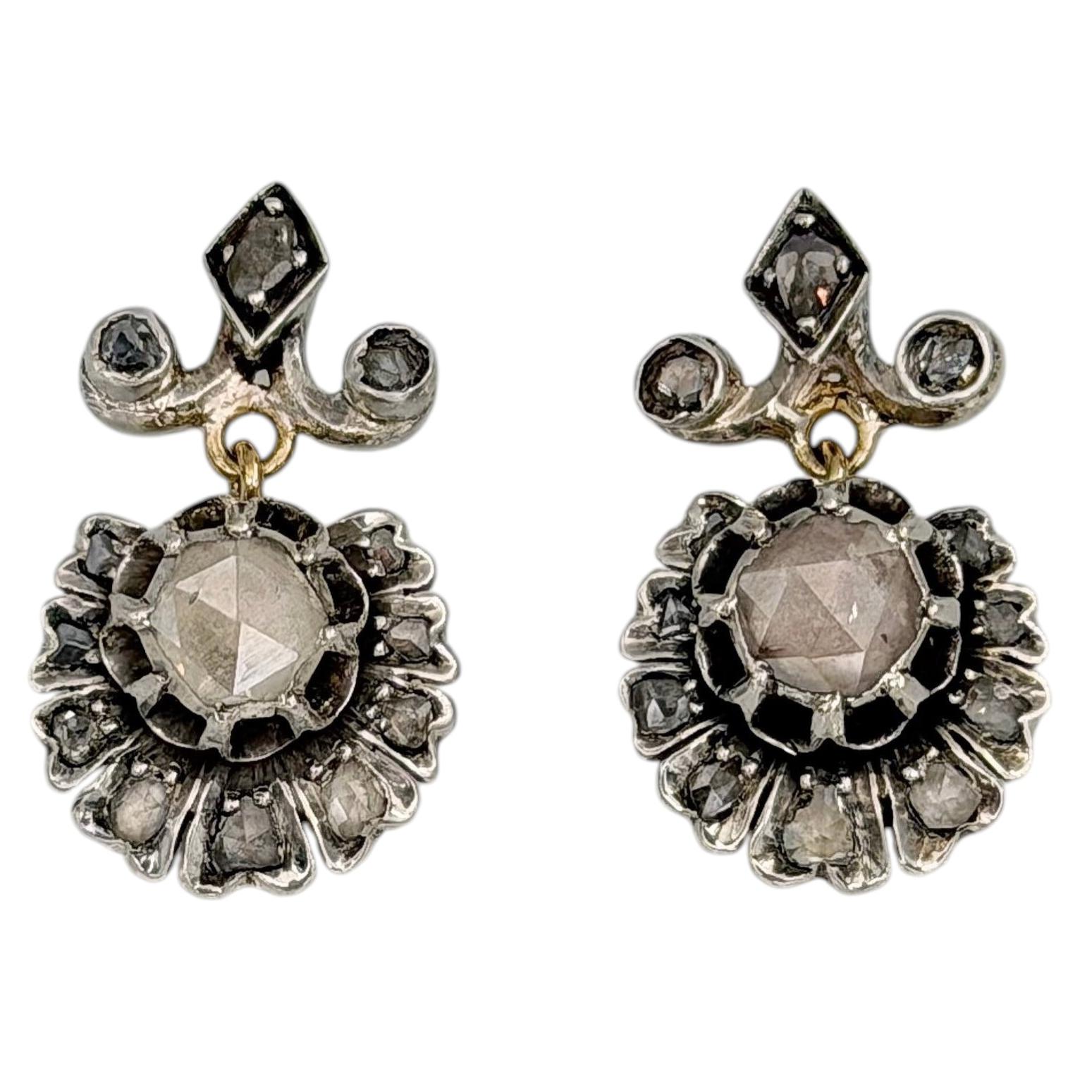 Victorian 18 Karat Gold Rose Cut Diamond Drop Stud Earrings For Sale