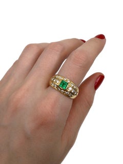 Vintage 18 Karat Gold 0.55 Carat Emerald 0.70 Carat VS Diamond Wide Band Ring