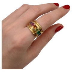 Vintage 18 Karat Gold Multi-colour Gem Wide Band Ring
