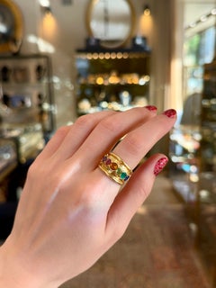 Vintage 18 Karat Gold Multi-colour Gem Wide Band Ring