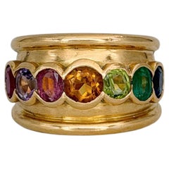 Vintage 18 Karat Gold Multi-colour Gem Wide Band Ring