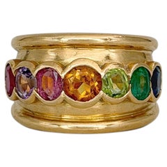 Vintage 18 Karat Gold Multi-colour Gem Wide Band Ring