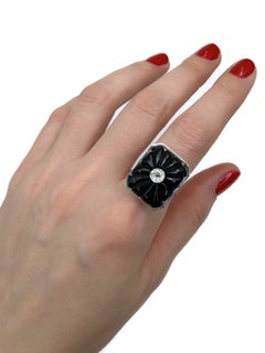 Art Deco 950 Platinum Old Cut Diamond Carved Black Onyx Rectangle Cocktail Ring