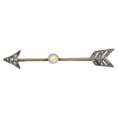 Victorian 14 Karat Gold Pearl Rose Cut Diamond Arrow Bar Brooch