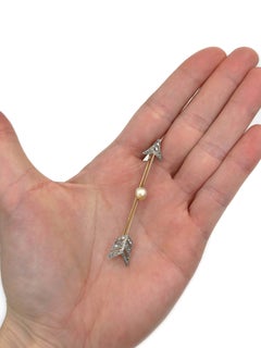 Victorian 14 Karat Gold Pearl Rose Cut Diamond Arrow Bar Brooch