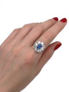Edwardian 950 Platinum 1.30 Carat SI Sapphire 3.30 Carat Diamond Cluster Ring