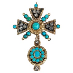 Colgante victoriano con cruz en forma de gota, de oro de 14 quilates, con turquesa en cabujón y diamantes de talla antigua