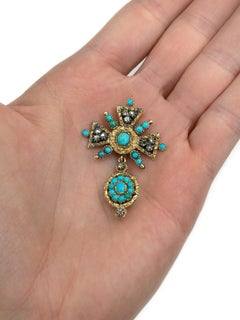 Colgante victoriano con cruz en forma de gota, de oro de 14 quilates, con turquesa en cabujón y diamantes de talla antigua