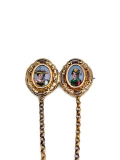 Victorian 18 Karat Gold Ladies Double Miniature Portrait Enamel Chain Brooch