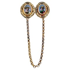Victorian 18 Karat Gold Ladies Double Miniature Portrait Enamel Chain Brooch