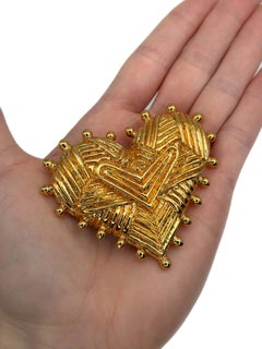 1990s Vintage Christian Lacroix Gold Tone Textured Heart Pin Brooch