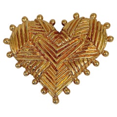 1990s Vintage Christian Lacroix Gold Tone Textured Heart Pin Brooch