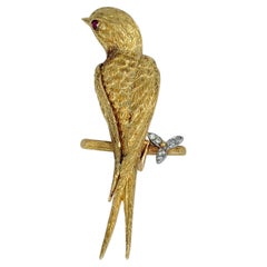 Vintage 18 Karat Gold Ruby Diamond Swallow Bird On A Branch Pin Brooch