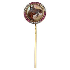 Victorian 18 Karat Gold Essex Crystal Reverse Intaglio Horse Stick Pin Brooch