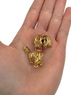 1960s Vintage Van Cleef & Arpels 18 Karat Gold Ruby Diamond Dog Pin Brooch