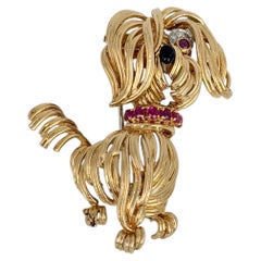 1960s Vintage Van Cleef & Arpels 18 Karat Gold Ruby Diamond Dog Pin Brooch