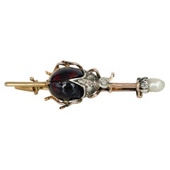 Victorian 18 Karat Gold Rose Cut Diamond Garnet Pearl Beetle Insect Pin Brooch