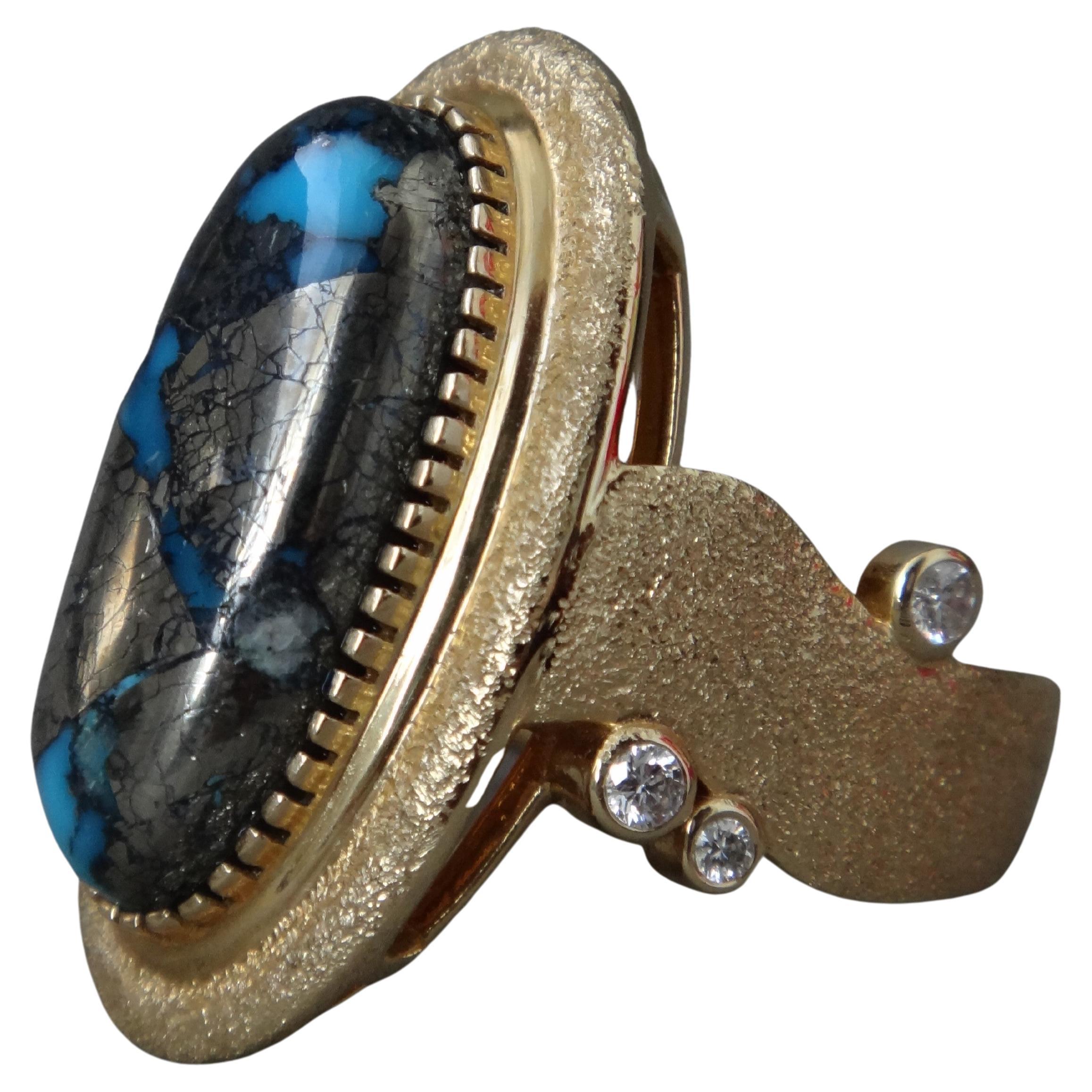 18Karat Gold Diamond And Natural Kingman Ithaca Turquoise Ring For Sale
