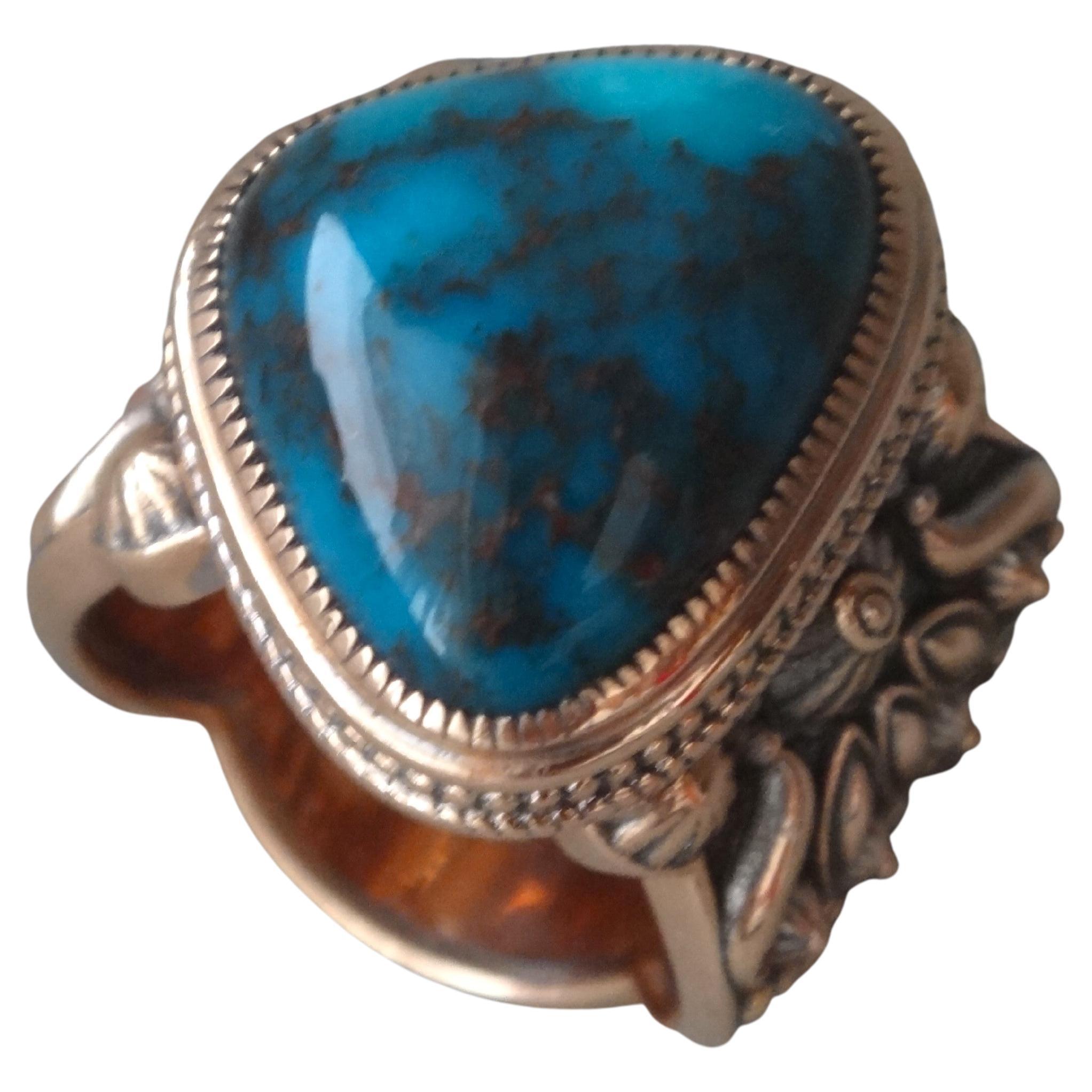 23Carat Natural Dark Blue Large Bisbee Turquoise 18Karat Rose Gold Ring For Sale