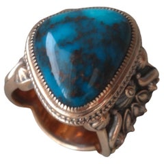 23Carat Natural Dark Blue Large Bisbee Turquoise 18Karat Rose Gold Ring
