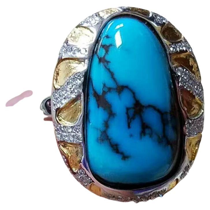 Pure Natural Gem Grade Candelaria Turquoise Ring, 18k Gold with Old