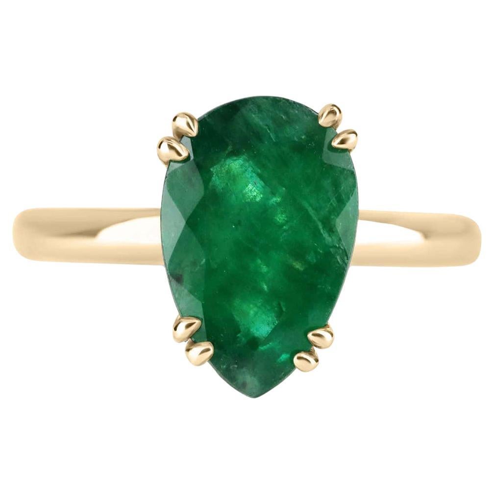 2.10cts 14K Pear Emerald Solitaire Gold Ring For Sale