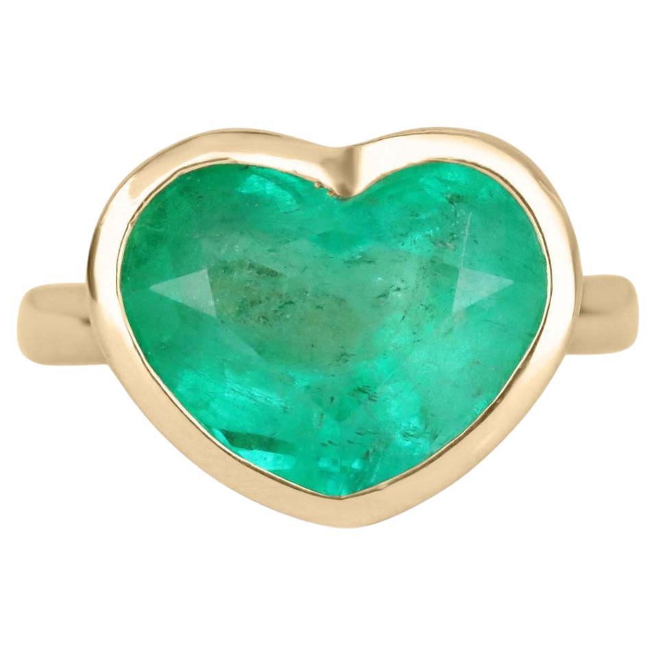 6.10ct 14K Genuine Rich Green Colombian Emerald Heart Anniversary Solitaire Ring For Sale