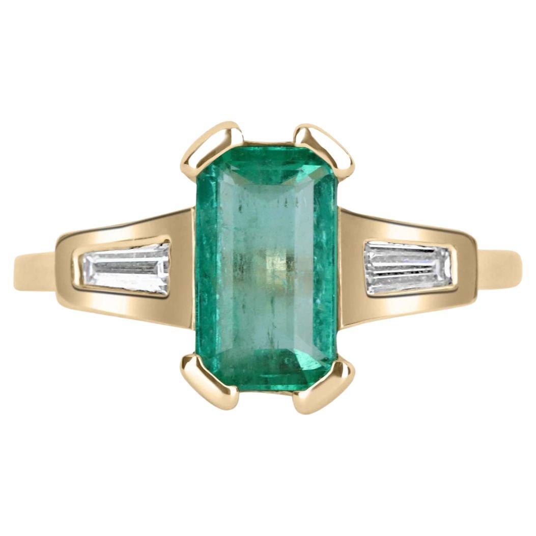 2.15tcw 14K Colombian Emerald, Emerald Cut and Tapered Baguette Diamond Ring For Sale